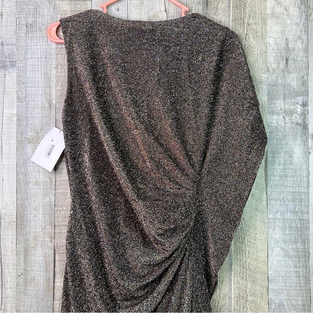 Vince Camuto Size 10 Metallic Gold/Silver/Black Asymmetrical Lined Sheath Dress - Picture 6 of 13